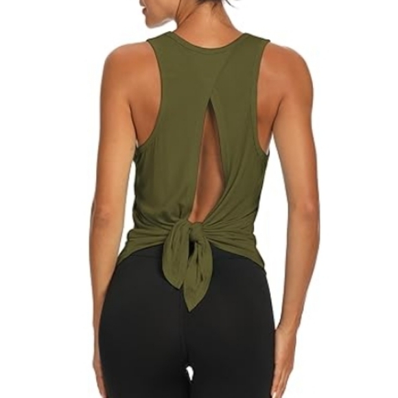 Bestisn Workout Tops Open Back Gym Workout Tie Back Musle Tank Army Green - Picture 5 of 6